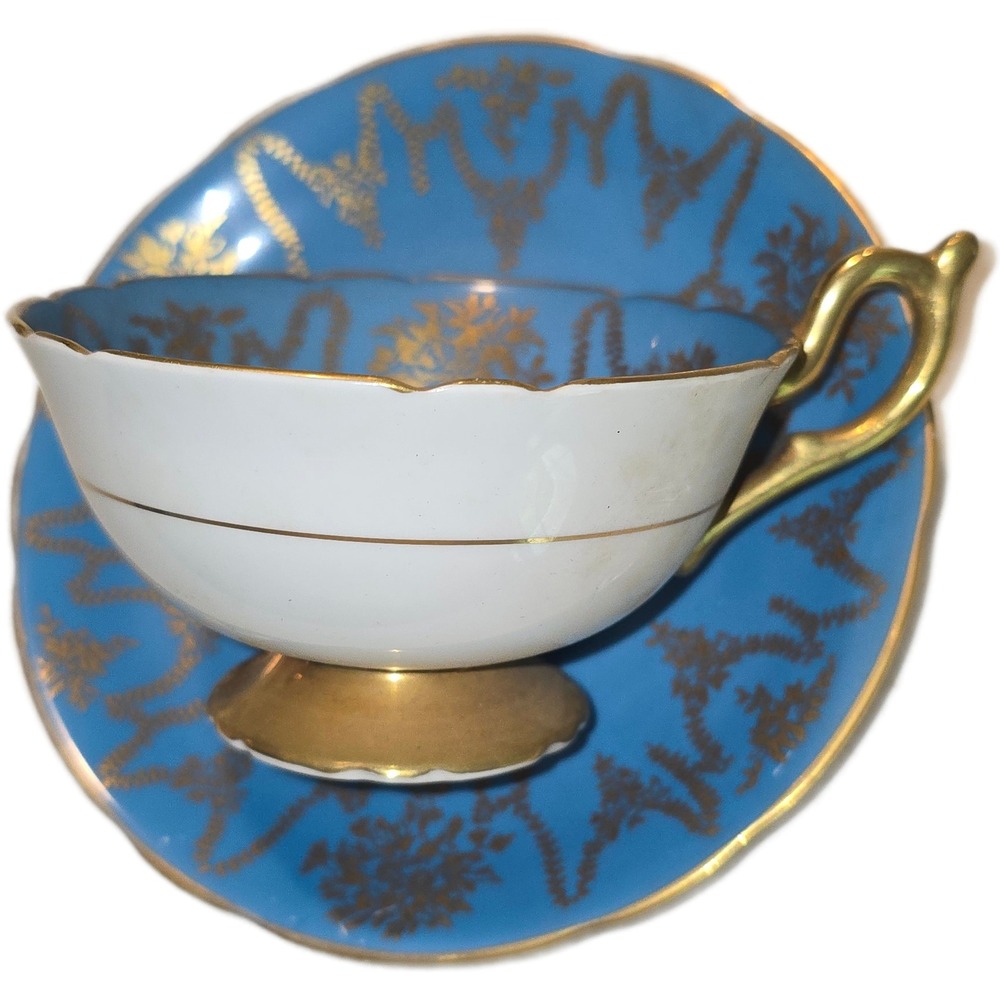 Coalport Bone China Teacup Saucer Set Blue Gold Gilt Floral AD 1750 England